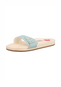 Light blue slide sandal with a single adjustable strap featuring a silver buckle, wooden footbed, and rubber outsole.