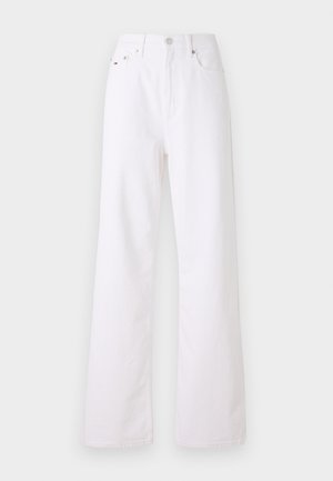 Valged laiad teksapüksid on valmistatud denimist, neil on kõrge vöökoht, eesnuppude sulgemine ja klassikaline viie taskuga disain. Sile tekstuur.