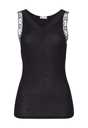 Top nero senza maniche con una texture a coste, presenta una scollatura a V e dettagli in pizzo sulle spalline. Tessuto liscio, design slim.