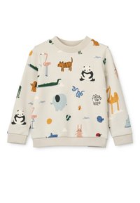 Beżowy sweatshirt z kolorowymi ilustracjami zwierząt, w tym pandy, tygrysa i słonia. Posiada ściągacze przy dekolcie i mankietach.