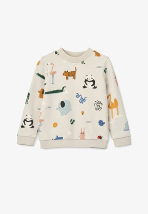 Sweatshirt beige avec des illustrations d'animaux colorées, y compris un panda, un tigre et un éléphant. Il présente un col et des poignets côtelés.