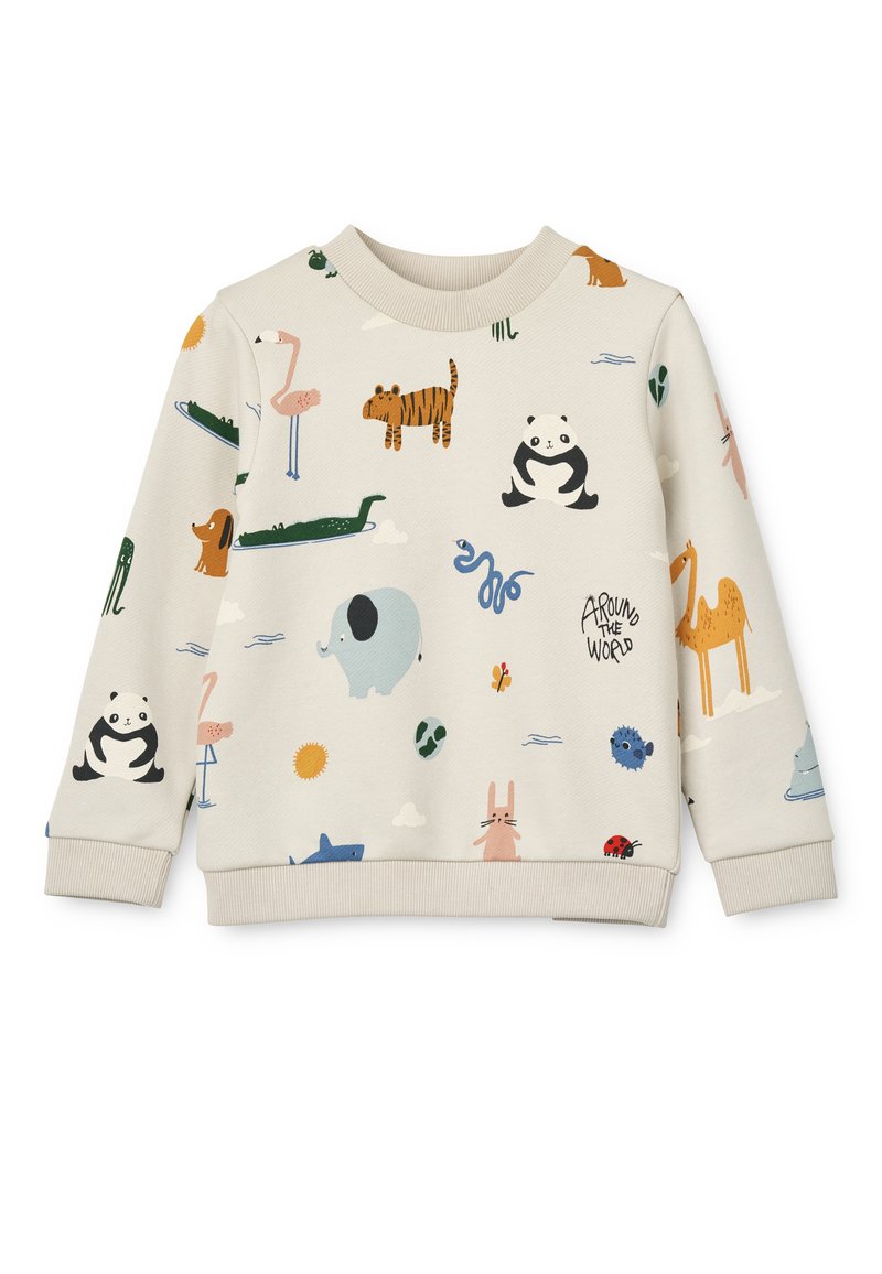Beżowy sweatshirt z kolorowymi ilustracjami zwierząt, w tym pandy, tygrysa i słonia. Posiada ściągacze przy dekolcie i mankietach.