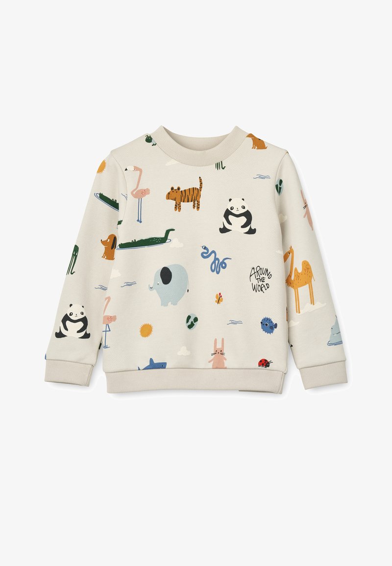 Beżowy sweatshirt z kolorowymi ilustracjami zwierząt, w tym pandy, tygrysa i słonia. Posiada ściągacze przy dekolcie i mankietach.