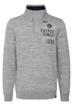 Grijze fleece pullover met een hoge kraag, voorzien van een halverwege rits en geprinte tekst in zwart en crème. Ribgebreide manchetten en zoom.