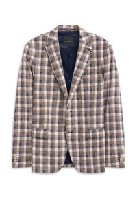 Karierter Blazer aus braunem, cremefarbenem und marineblauem Stoff. Verfügt über zwei vordere Taschen, einen einreihigen Knopfverschluss und ein marineblaues Futter.