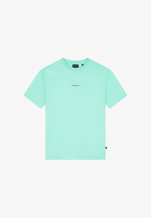 Kort mouw T-shirt in muntgroen met het "BALLIN'"-logo in kleine zwarte letters gecentreerd op de borst en een zwart label aan de zijnaden.