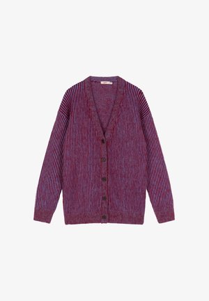 Paars en blauw gestreepte cardigan met een V-hals, knopen aan de voorkant en een geribbelde textuur. Lange mouwen en een ontspannen pasvorm.