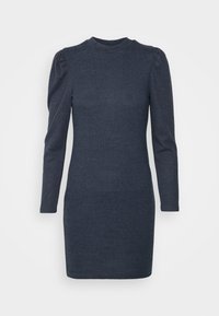 Granatowa sukienka z długim rękawem o dopasowanym kroju i bufkami na ramionach. Wykonana z teksturowanej tkaniny z okrągłym dekoltem.