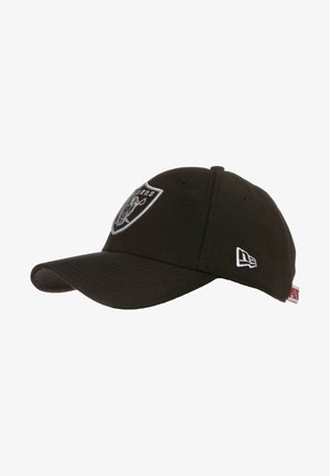 Boné de beisebol preto feito de algodão com um design estruturado, aba curva, logótipo dos Raiders bordado na frente e pequeno logótipo da New Era na lateral.