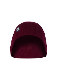 Burgundy beanie hat made of ribbed knit fabric, featuring a folded brim and small black logo patch on the front.