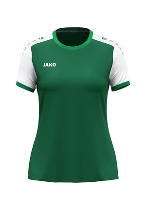 Maillot de sport vert avec des manches courtes blanches, un col rond et des accents verts. Le matériau semble léger avec une texture lisse. Logo de la marque visible.