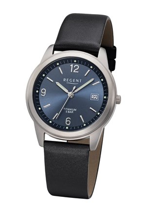 Montre-bracelet Analog Regent avec bracelet en cuir noir, cadran bleu foncé, boîtier en argent, affichage de la date et aiguilles et index lumineux.