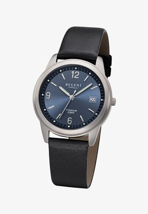 Montre-bracelet Analog Regent avec bracelet en cuir noir, cadran bleu foncé, boîtier en argent, affichage de la date et aiguilles et index lumineux.