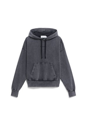 Grauer Kapuzenpullover aus weichem Stoff. Verfügt über eine Fronttasche, Kordeln und gerippte Bündchen. Lässige, entspannte Passform.