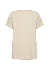 Beige tričko s krátkým rukávem, volného střihu, s kulatým výstřihem a měkkou texturou, bez vzorů a viditelných ozdob. 