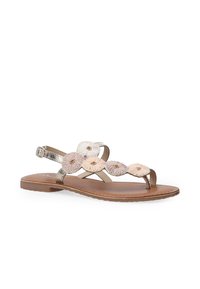 Sandalen met banden, een tan leren zool, metalen accenten en bloemendetails in crème, roze en beige. Voorzien van een gespsluiting bij de enkel.