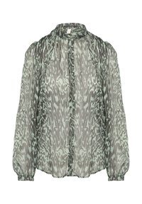 Transparante groene blouse met een golvend patroon, hoge halslijn, knopen aan de voorkant en lange pofmouwen met elastische manchetten.