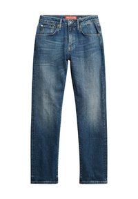 Vaqueros de mezclilla azul con corte recto, cinco bolsillos y un ligero desgaste. Presenta herrajes metálicos y una etiqueta sobre la cinturilla.