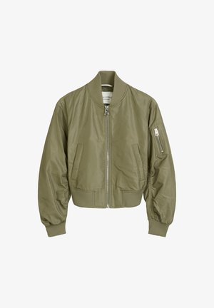 Olivenfarbene Bomberjacke aus glattem Nylon, mit einem Frontreißverschluss, gerippten Bündchen und seitlichen Taschen für den Stauraum.