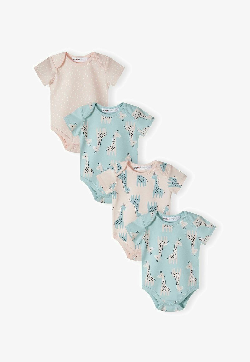 Keturi kūdikių bodžiai: du šviesiai rožiniai su baltais taškeliais, du šviesiai mėlyni su žirafų raštais; trumpomis rankovėmis, minkštas medvilnės audinys.