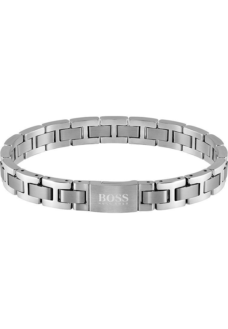 Silver stainless steel bracelet with linked design, featuring a polished finish and a central clasp engraved with "BOSS HUGO BOSS."