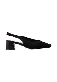 Chaussure slingback noire pour femme avec bout pointu, petit talon bloc et tige en maille texturée, vue de profil sur fond blanc.