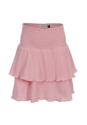 Roze mini-rok met textuur, hoge elastische tailleband en dubbele volantzoom, met het merklabel aan de binnenkant van de tailleband zichtbaar.