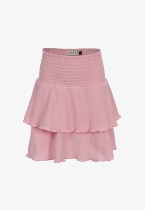 Roze mini-rok met textuur, hoge elastische tailleband en dubbele volantzoom, met het merklabel aan de binnenkant van de tailleband zichtbaar.
