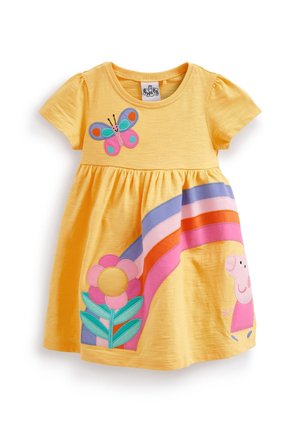 Vestido amarillo para niña pequeña con mangas abullonadas, con estampados de una mariposa, una flor rosa, rayas de arcoíris y una aplicación de un personaje de Peppa Pig.