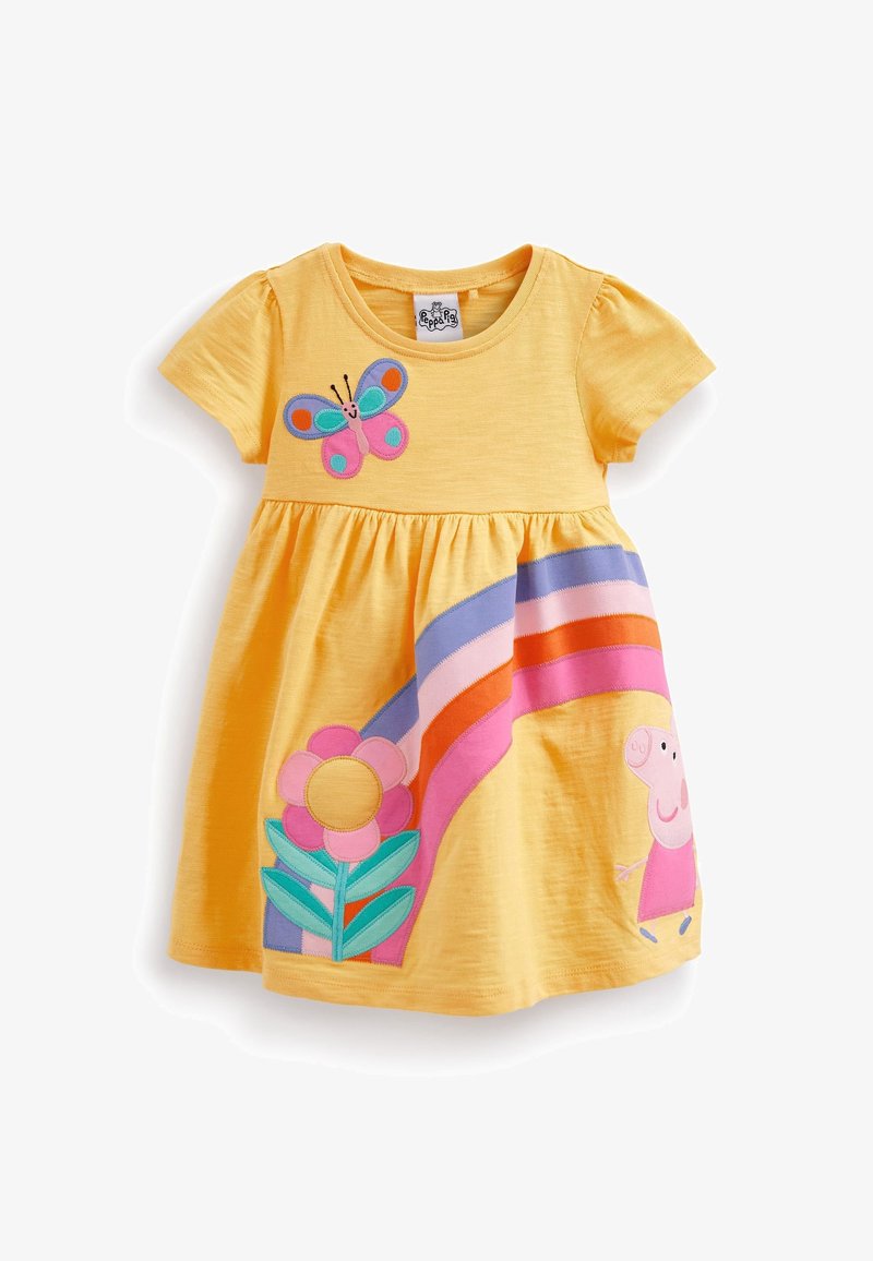 Robe jaune pour tout-petit à manches bouffantes, ornée d'un papillon, d'une fleur rose, de rayures arc-en-ciel et d'une application du personnage Peppa Pig.