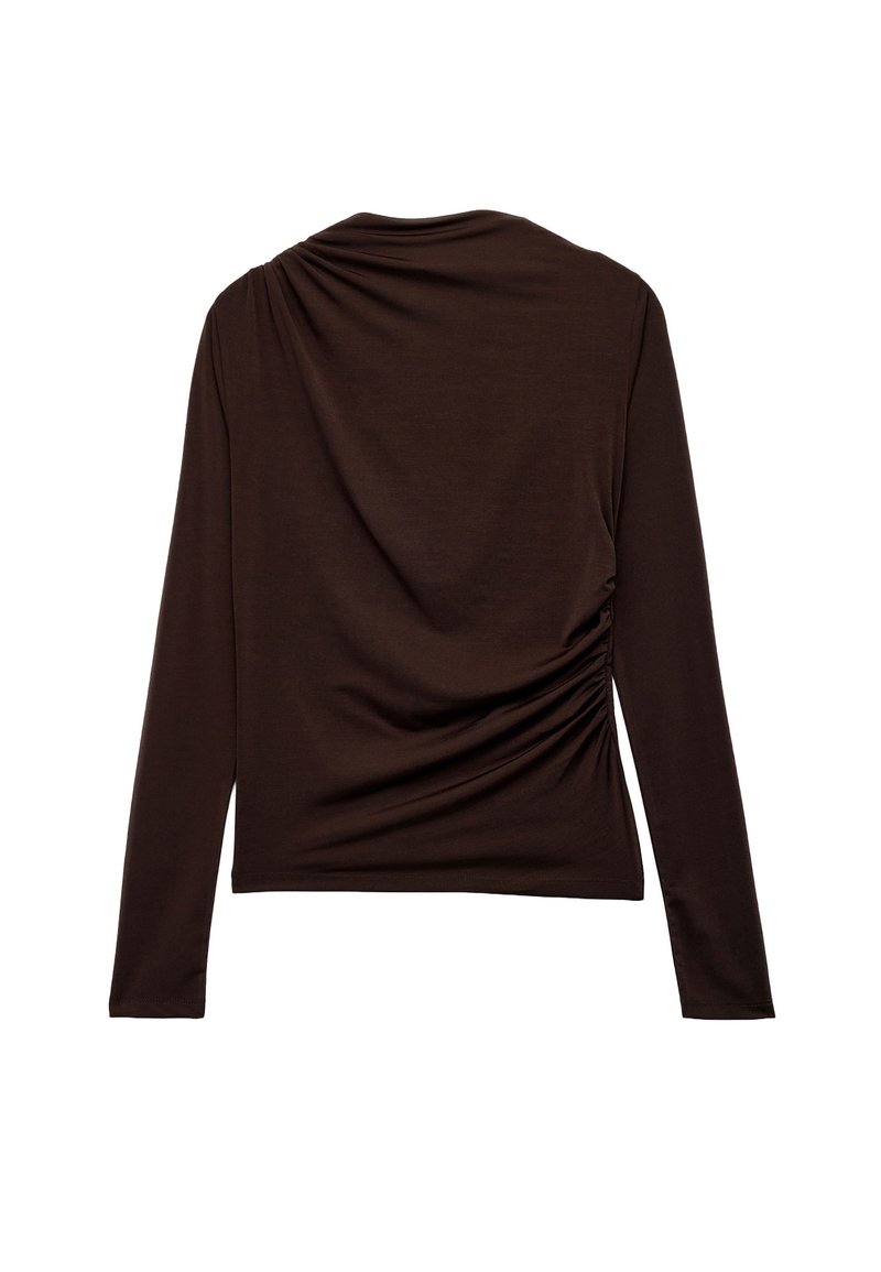 Longsleeve top w ciemno-brązowej tkaninie, z marszczonym teksturowaniem z tyłu oraz gładkim wykończeniem na całej powierzchni.
