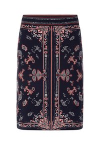 Navy pencil skirt featuring printed floral and paisley patterns in white and red. Elastic waistband, straight cut, and knee-length design.