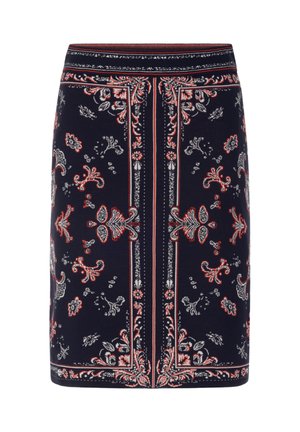 Navy pencil skirt featuring printed floral and paisley patterns in white and red. Elastic waistband, straight cut, and knee-length design.