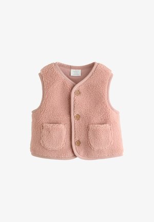 Mīksta rozā vilnas veste ar V veida kakla izgriezumu, trim koka pogām un divām priekšējām kabatām. Malas ir izšūtās ar atbilstošu apdari.