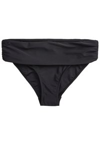 Schwarzer Bikini-Boden mit hoher Taille und gerafftem Stoffdetail. Hergestellt aus glattem, dehnbarem Material für Komfort, mit minimalen Nähten.