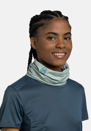 Young woman with braided hair wearing a light blue Buff neck gaiter and dark blue athletic shirt, smiling slightly sideways.