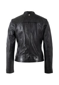 Zwarte leren jas met een aangesloten ontwerp en gedetailleerd geperst bloemenpatroon op de schouders. Voorzien van lange mouwen en een gestructureerde achterkant.