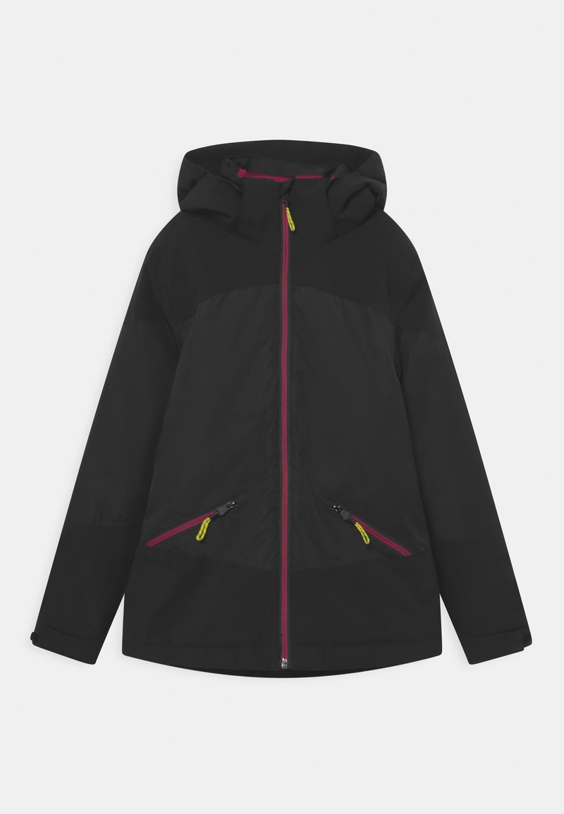 Veste noire avec capuche, dotée d'une fermeture éclair à l'avant et de deux poches zippées. Accentuée par des zips roses et des tirettes jaunes.