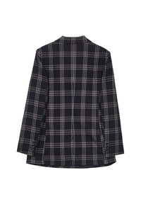 Blazer a quadri navy con motivi a check bianchi e beige, con spacco posteriore unico, rever a punta e polsini con bottoni. Tessuto morbido.