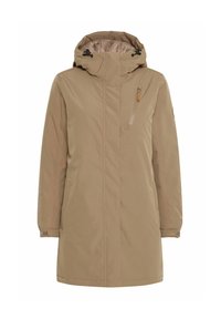 Tarnfarbener wasserdichter Parka mit Kapuze, Reißverschluss-Brusttasche, Seitentaschen und elastischen Bündchen. Merkmale sind eine glatte Außenseite und ein gefüttertes Innere.
