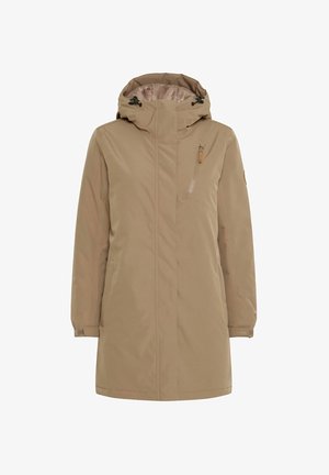 Tarnfarbener wasserdichter Parka mit Kapuze, Reißverschluss-Brusttasche, Seitentaschen und elastischen Bündchen. Merkmale sind eine glatte Außenseite und ein gefüttertes Innere.