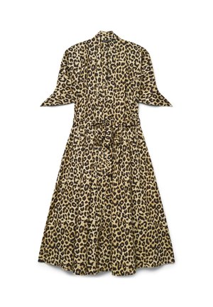 Robe midi à imprimé léopard avec devant à boutons, ceinture nouée à la taille, manches courtes évasées et col en V.