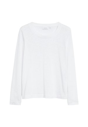 Biała bawełniana koszulka z długim rękawem, o okrągłym dekolcie i prostym, gładkim wzorze, oznaczona rozmiarem 36.