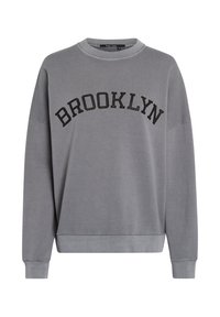 Gray sweatshirt with a wide neck, featuring "BROOKLYN" in bold black lettering across the front. Soft fabric and relaxed fit design.
