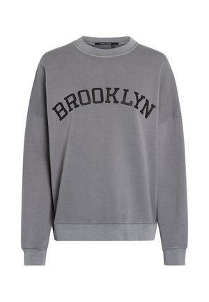 Gray sweatshirt with a wide neck, featuring "BROOKLYN" in bold black lettering across the front. Soft fabric and relaxed fit design.