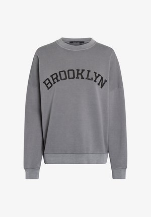 Gray sweatshirt with a wide neck, featuring "BROOKLYN" in bold black lettering across the front. Soft fabric and relaxed fit design.
