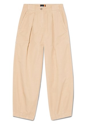 Beżowe spodnie o szerokich nogawkach wykonane z lekkiego materiału. Posiadają zakładki z przodu oraz boczne kieszenie. Gładka faktura i minimalistyczny design.