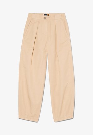 Beżowe spodnie o szerokich nogawkach wykonane z lekkiego materiału. Posiadają zakładki z przodu oraz boczne kieszenie. Gładka faktura i minimalistyczny design.