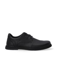 Zwarte leren veterschoenen met een gladde textuur, ronde neus en contrasterende stiksels langs de zool. Minimalistisch ontwerp zonder patronen.