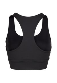 Sort sportsbh med racerback-design, lavet af glat stof, med en bred kant nederst og minimale syninger.